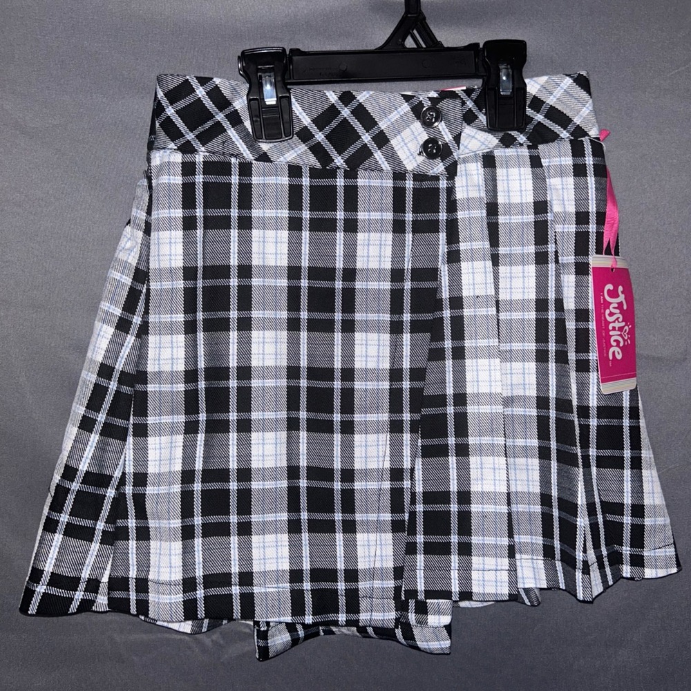 Justice Girls Black White Blue Plaid Pleated Skort Built-in Shorts L 12/14‎ NWT